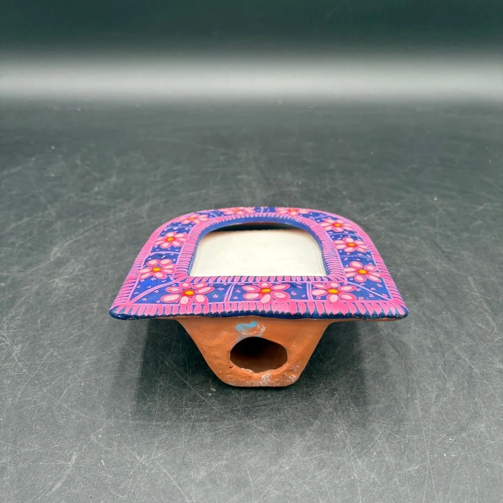 Mexican Folk Art Terra Cotta Picture Frame Hand Painted Blue Pink Floral Arched